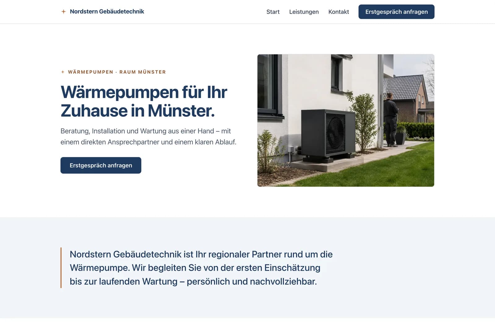 Desktop-Ansicht des Starter-Referenz-Builds Nordstern Gebäudetechnik — Wärmepumpen-Website mit Überschrift, Anfrage-Button und Foto einer installierten Anlage