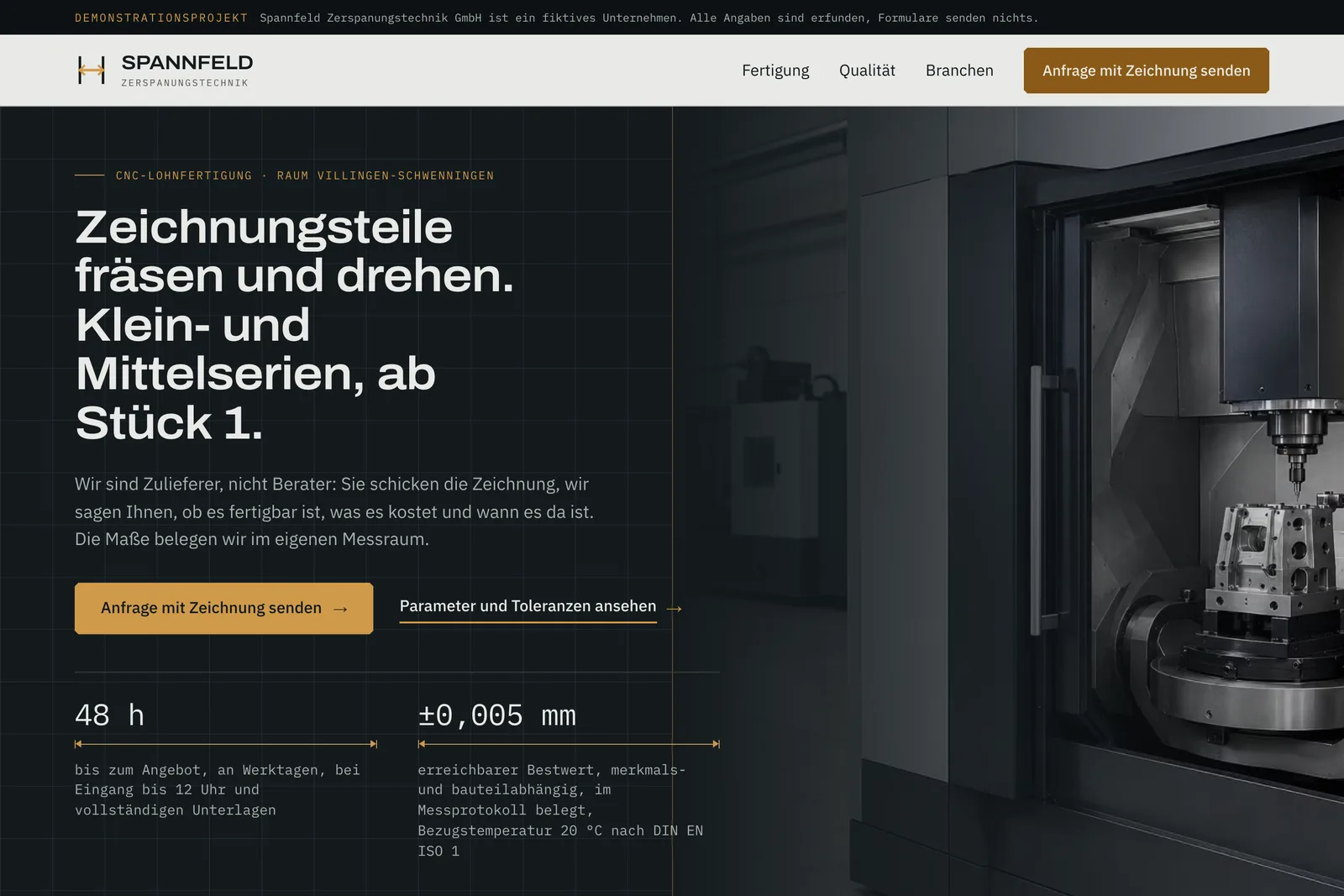Desktop screenshot of the Spannfeld Zerspanungstechnik reference build — CNC contract manufacturing website with headline, enquiry button and technical key figures