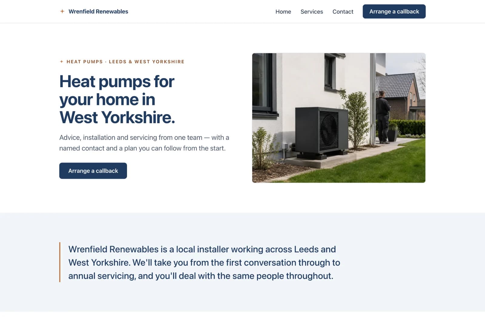 Desktop screenshot of the Wrenfield Renewables reference build — heat-pump website with headline, callback button and a photo of an installed unit