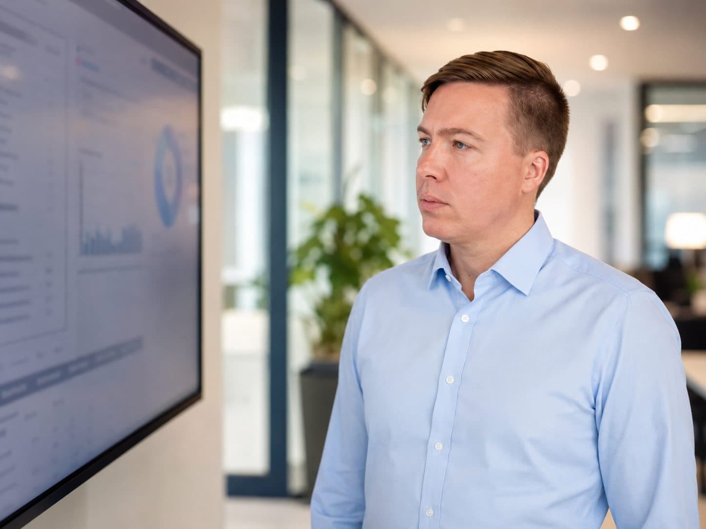 Dennis Brumley reviewing a performance dashboard in a modern office