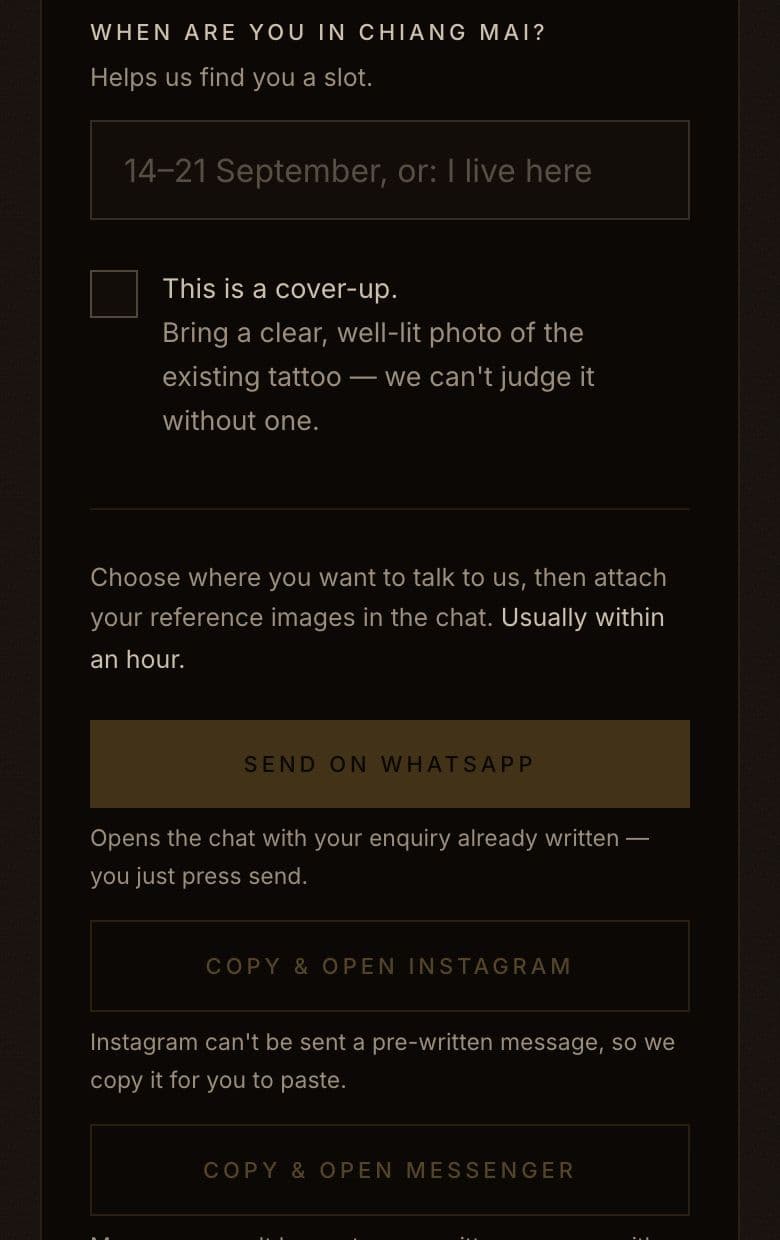 The enquiry on a phone: travel dates, a cover-up option and the WhatsApp, Instagram and Messenger buttons.