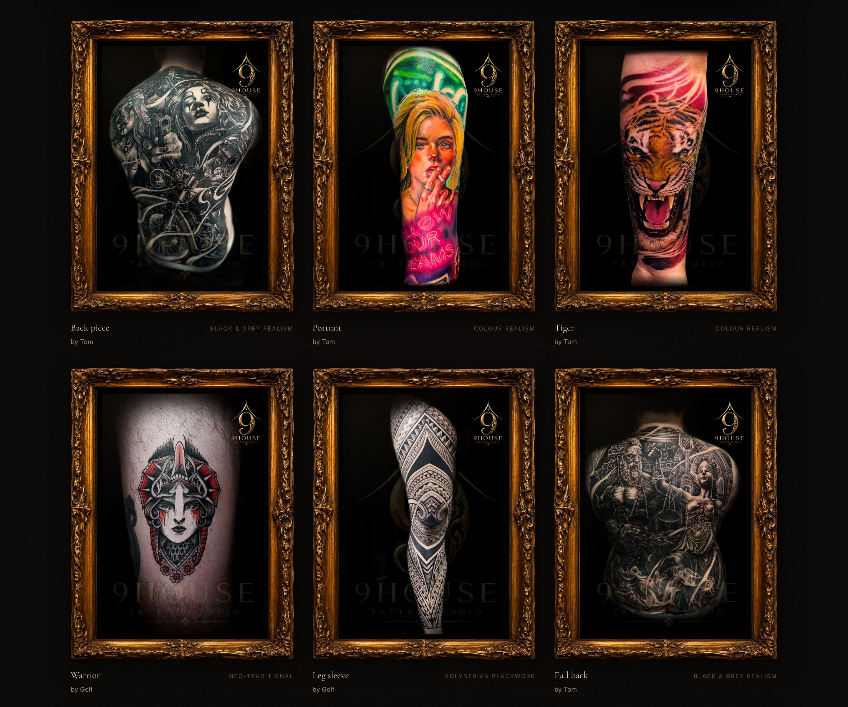 The work page on desktop: six tattoos in gilt frames, each with its title, style and artist, such as “Tiger — colour realism, by Tom”.
