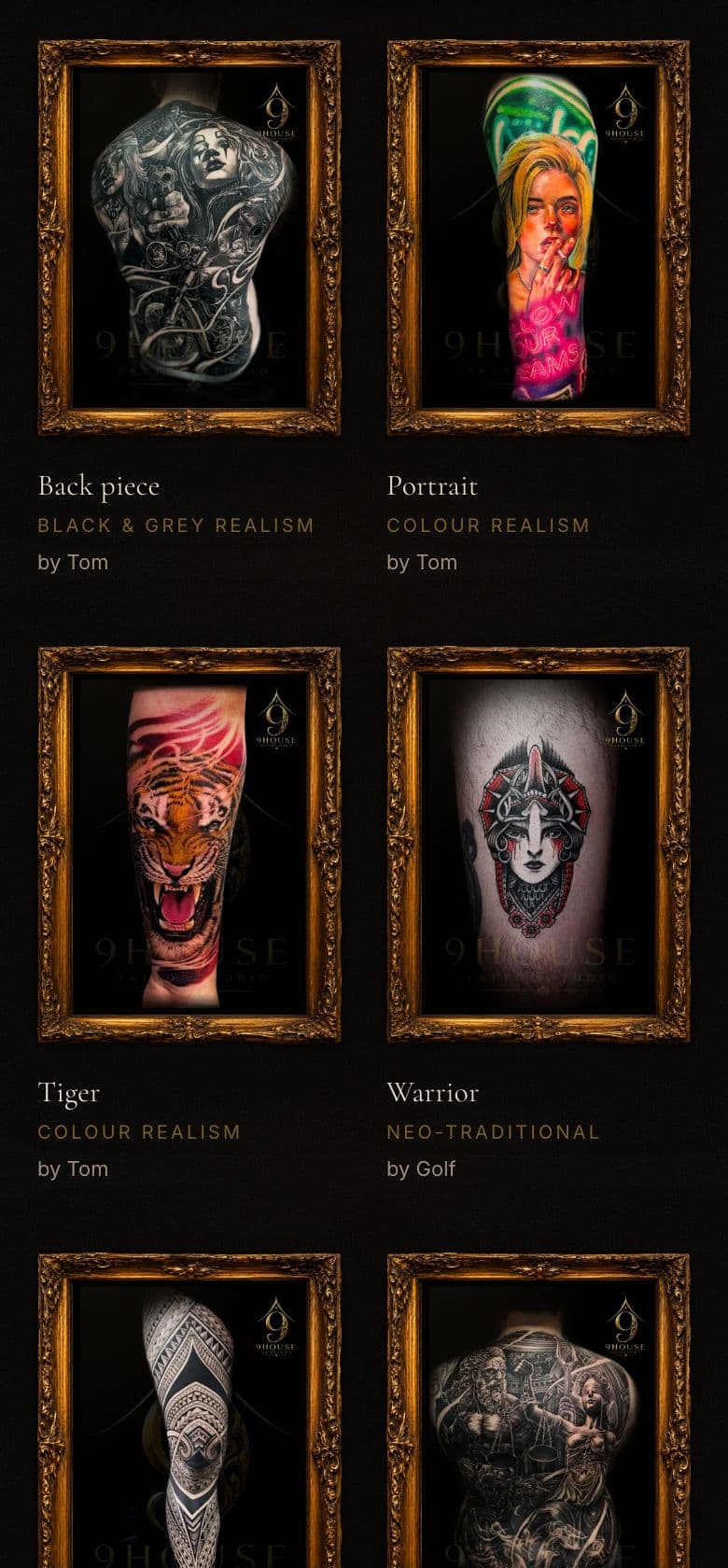 The same work page on a phone: framed pieces in two columns, each credited to its artist.