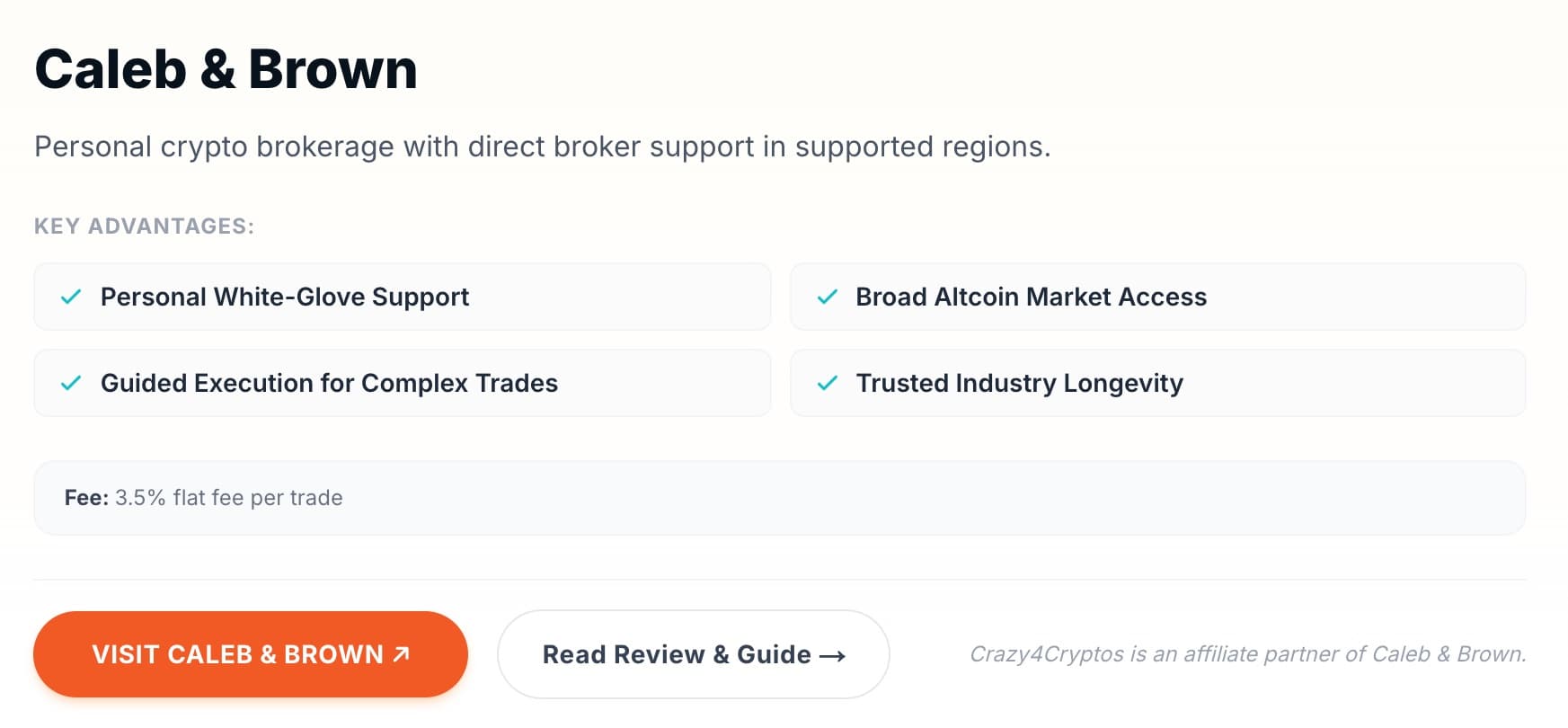 Partner card on /buy-sell: “Fee: 3.5% flat fee per trade” and, beside the button, “Crazy4Cryptos is an affiliate partner of Caleb & Brown.”