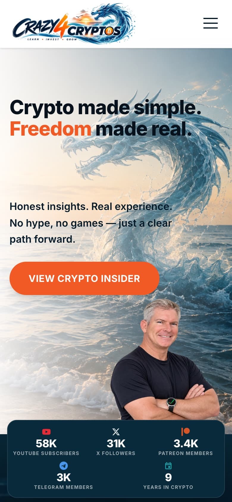 The new home page on a phone: headline, one main action “View Crypto Insider” and Dave below it.