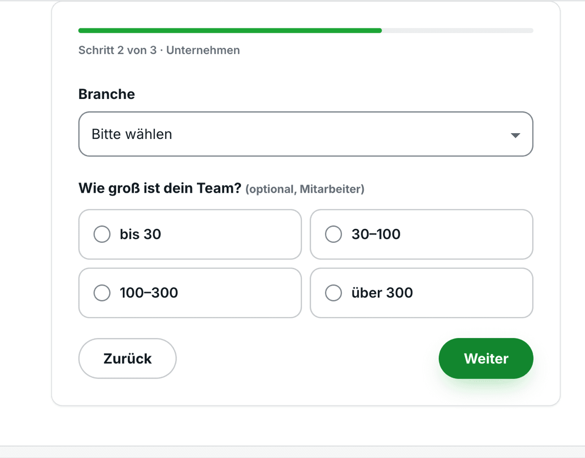 Step 2 of 3 in the new enquiry journey on joboutfit.de: choosing the industry and the team size, in bands from up to 30 to over 300 employees.