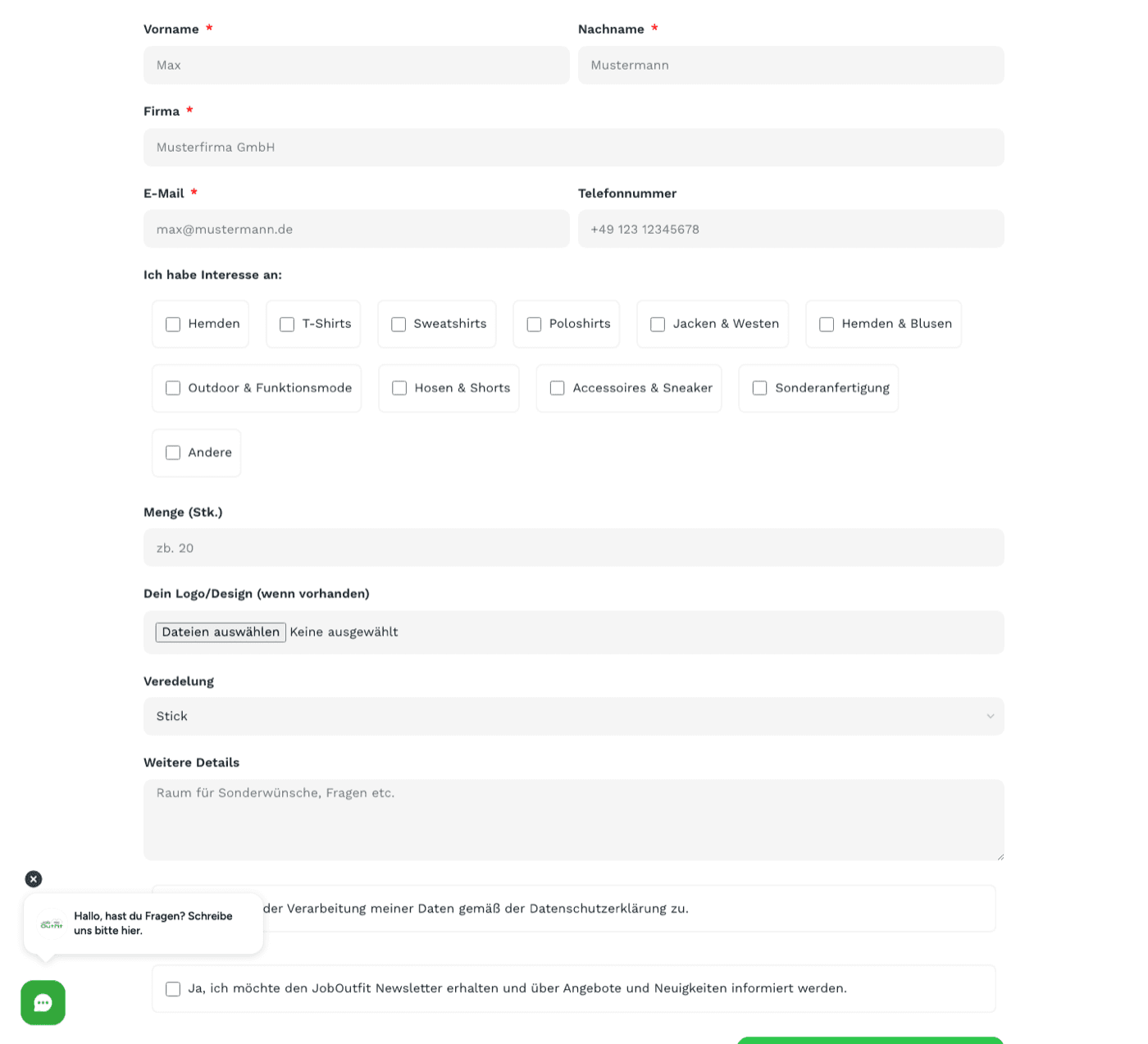 The former shop enquiry form: eleven garment category checkboxes, a quantity field, decoration options and a logo upload — it asks what should be quoted.