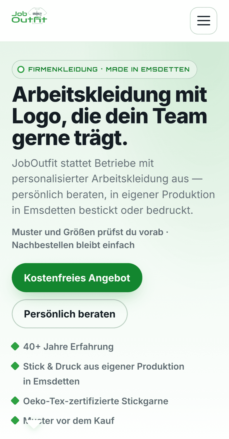 The new JobOutfit home page on a phone: headline, description, two calls to action and four trust points, all readable without zooming.