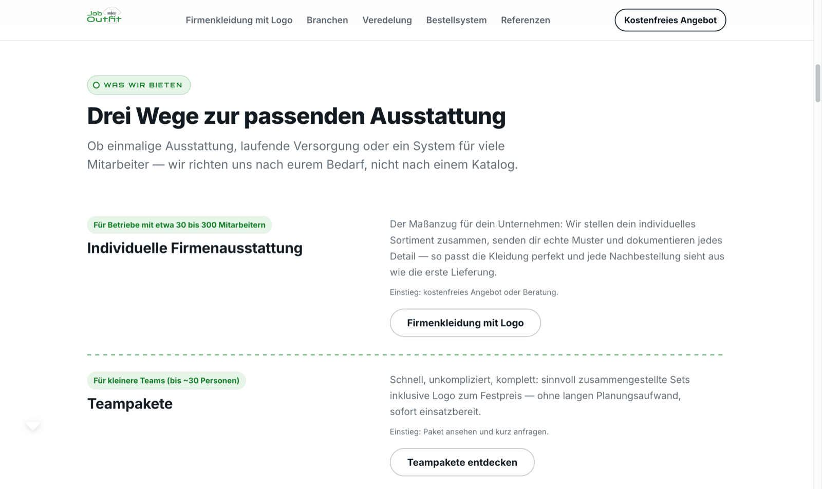 Offer architecture on joboutfit.de: three procurement routes — individual company outfitting, team packages and an employee ordering system — each with its own entry point.