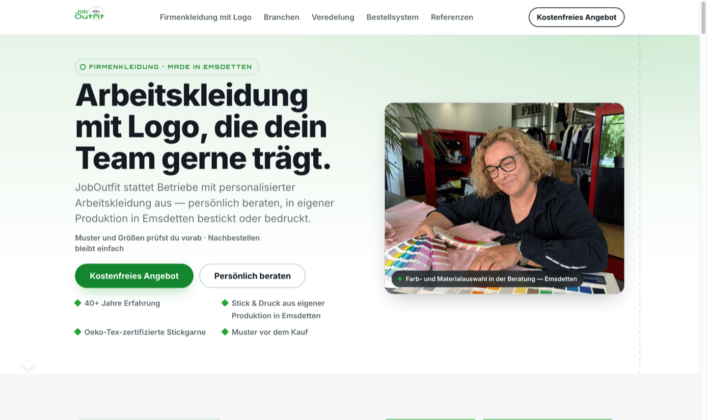 Home page of joboutfit.de: headline on B2B workwear, a clear enquiry button and a proof strip.