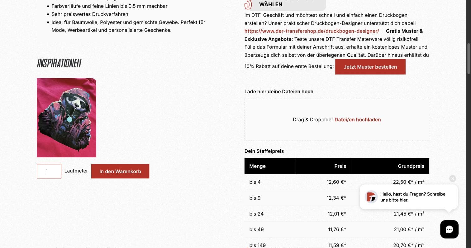 The original Meterware page on 20 September 2026: upload and price table on the right, the add-to-cart button on the left below an inspiration image.
