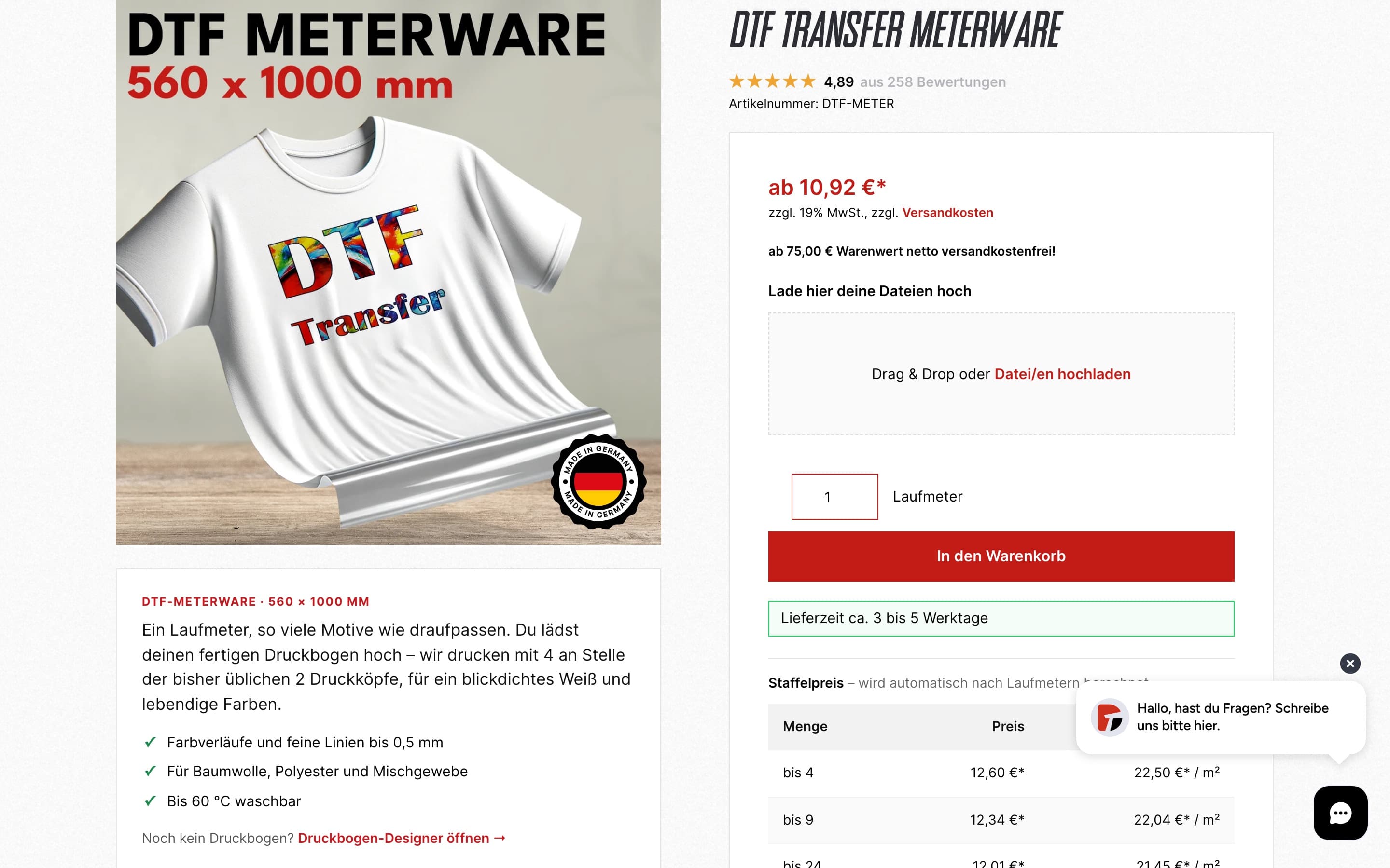 The Meterware buy card: price, upload, quantity, the red order button and, below it, a delivery time of about 3 to 5 working days.
